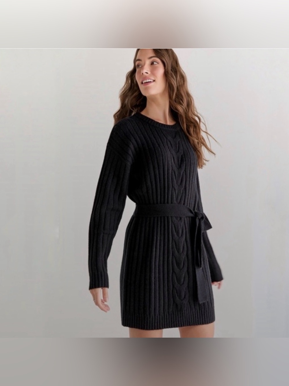 Francesca’s Diane Black Cable-Knit Sweater Dress with Tie Belt NWT